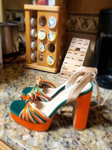 Elegant Platform Sandals For Women Summer Orange Sandals Twist Front Chunky Heels Open Toe Sandals Ankle Strap Heels Detail Prom Heels Zapatos De Mujer Elegantes - 橘色 - 查看 4