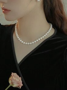 CVNANA 1條法式假珍珠女士項鍊，度假鎖骨鏈，浪漫約會生日禮物 - 彩色 - 查看 3