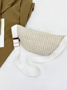 1個純色草編女式胸包 - 米色 - 查看 5