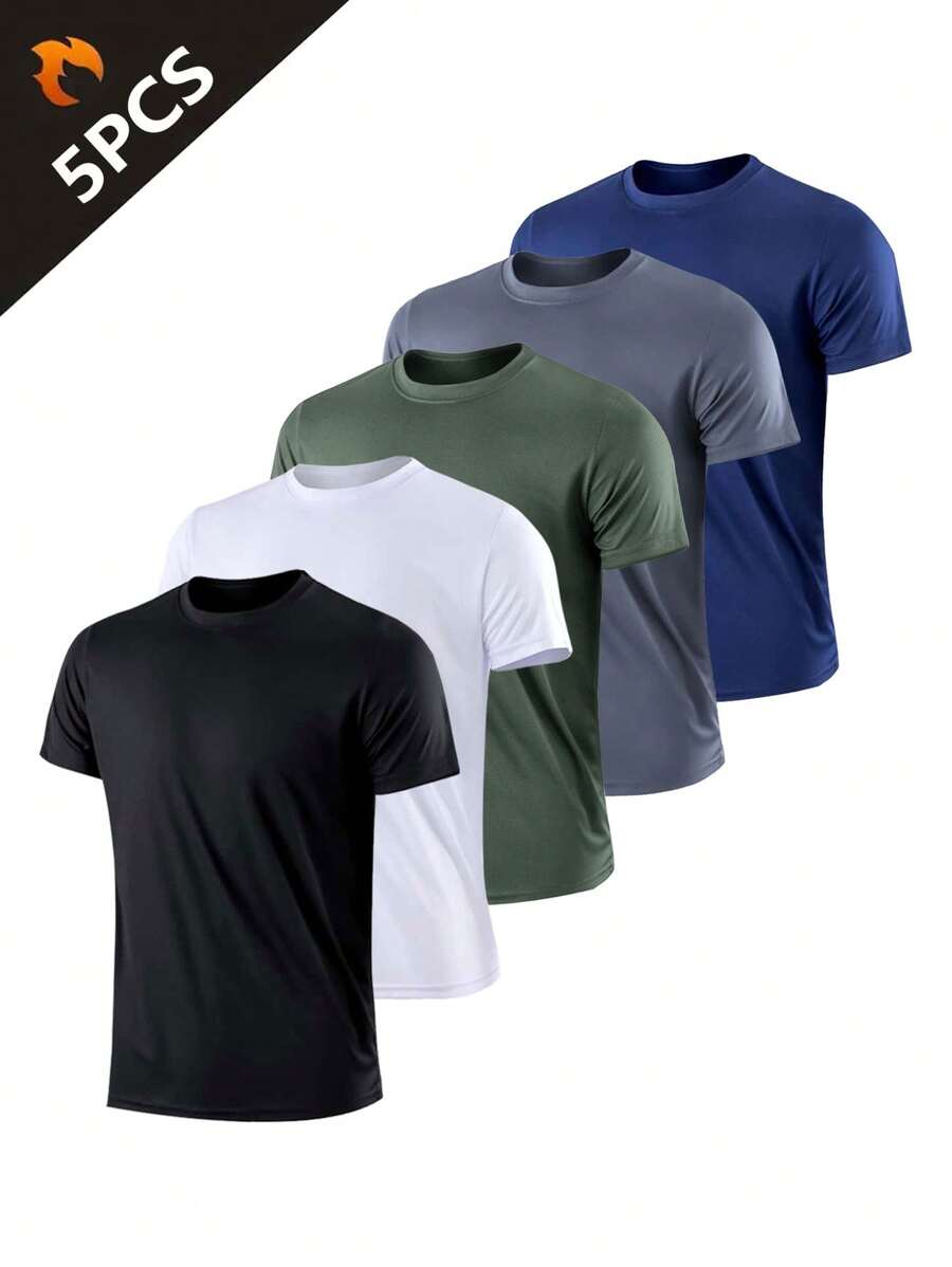 5PCS Boyfriend Style Men's Solid Color Ultralight Quick Dry Sport T-Shirt, Breathable Lightweight Top For Fitness Training Workout Running Gym Summer