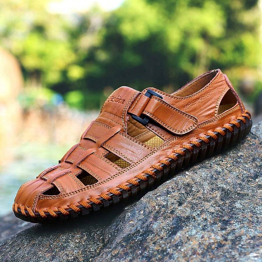 Men's Handmade Stitching Sandals, Outdoor/Business/Casual Leather Beach Shoes - Brown - View 1