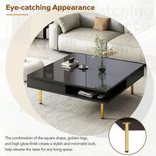 Exquisite High Gloss Coffee Table With 4 Golden Legs And 2 Small Drawers, 2-Tier Square Center Table For Living Room, White, Black - màu đen - Xem 6