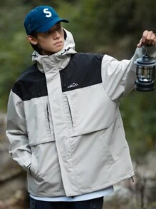 MUNZ Men Outdoor Fashion Color-Blocked Zipper Lapel Water-Resistant Drawstring Hooded Softshell Jacket