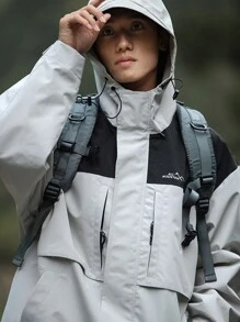 MUNZ Men Outdoor Fashion Color-Blocked Zipper Lapel Water-Resistant Drawstring Hooded Softshell Jacket