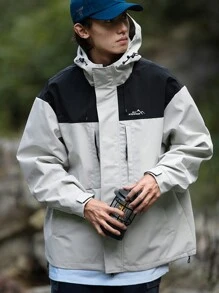 MUNZ Men Outdoor Fashion Color-Blocked Zipper Lapel Water-Resistant Drawstring Hooded Softshell Jacket