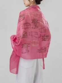 1 Miếng Dễ thương Mèo In Động vật Của phụ nữ Thanh lịch Mềm mại Khăn quàng cổ , Kem chống nắng , Ngày lễ Khăn choàng - A - Xem 4