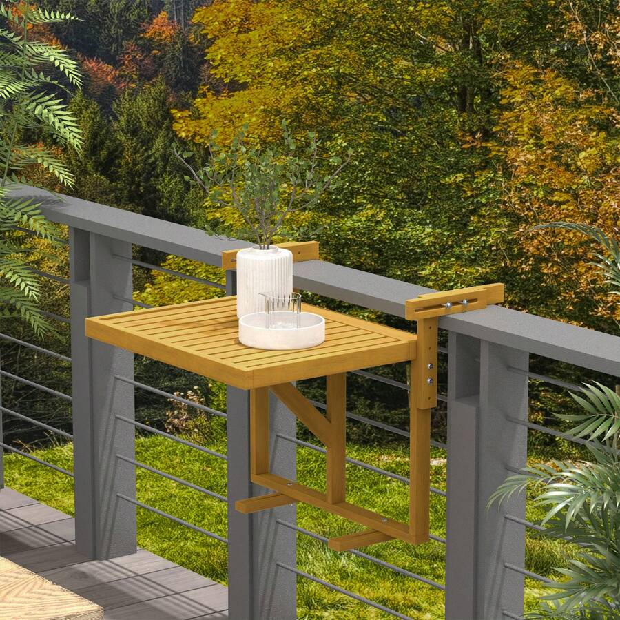 Outsunny Railing Table W/ Adjustable Height, Outdoor Hanging Table, Natural