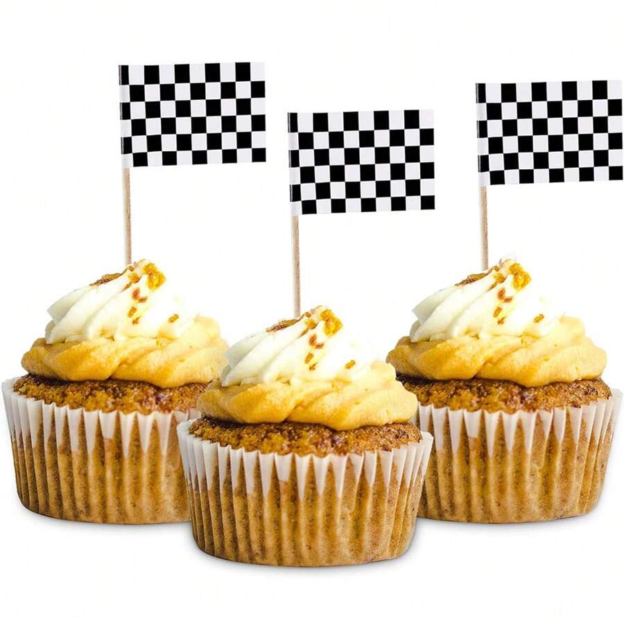 24入組迷你方格賽車旗終點線杯子蛋糕插牌派對裝飾套裝 - 黑與白 - 查看 1