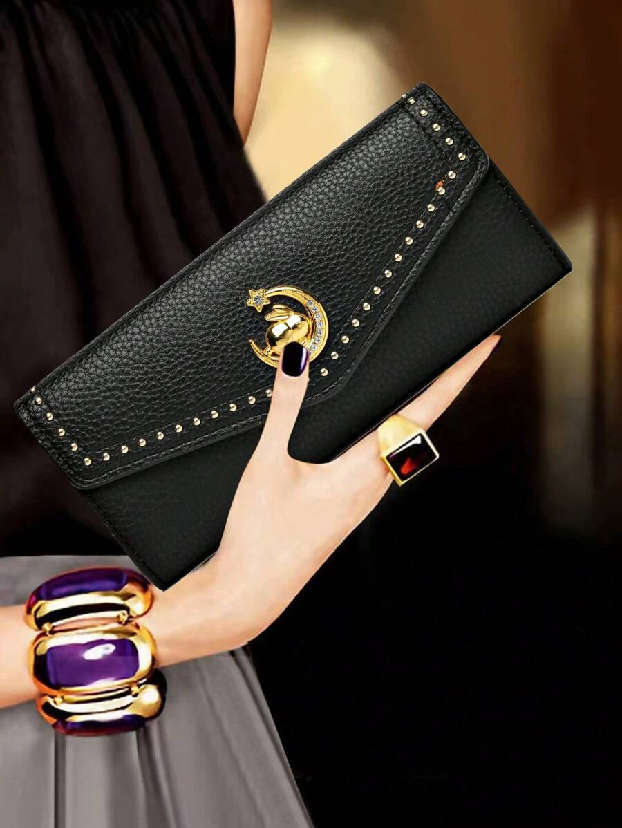 1 件时尚优雅大容量钱包女士手提包手拿包带浮雕设计生日礼物哥特感恩节 - 黑色 - 查看 1