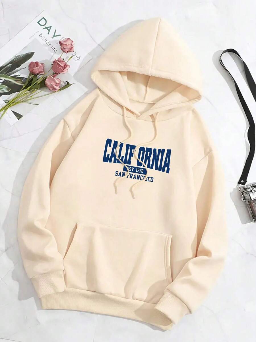 Capucha con estampado de letra con forro térmico con bolsillo de canguro con cordón - Albaricoque - Ver 1