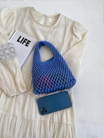 BAILEE 1 pièce Set de sac à main en polyester tricoté à lacet en maille multicolore. Sac de plage grande capacité léger, mignon et pour femmes. Sacs de plage les plus pour l'été, indispensables de plage, accessoires de plage et essentiels d'été, plus récent sac de vacances