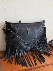 Fashion Vintage Leather Crossbody Bag, Boho Style Shoulder Bag, Tassel Rivet Cross Decor Square Purse Casual Messenger Bag For Travel & Every Day, Portable Business Work Satchel Sling Bags Hobo Fringe Crossbody Purse Small Handbag, Western Purse For Women, Bohemia Style Bag For Women, Perfect For Rodeo Occasion - Black - View 5