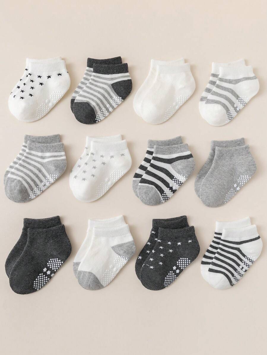 12 Pairs Infant/Toddler Boys' And Girls' Star & Stripe Classic Combination No-Bone Seam Anti-Slip Socks - Multicolor - View 1