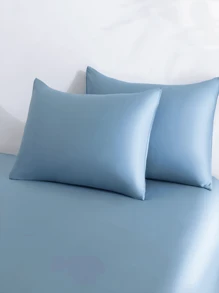 3 Piezas Juego De Sábanas De Poliéster Con Textura Suave Y Brillante Acabado Satinado (1 Cubierta De Cama, 2 Fundas De Almohada), Lavable A Máquina - Azul - Ver 4