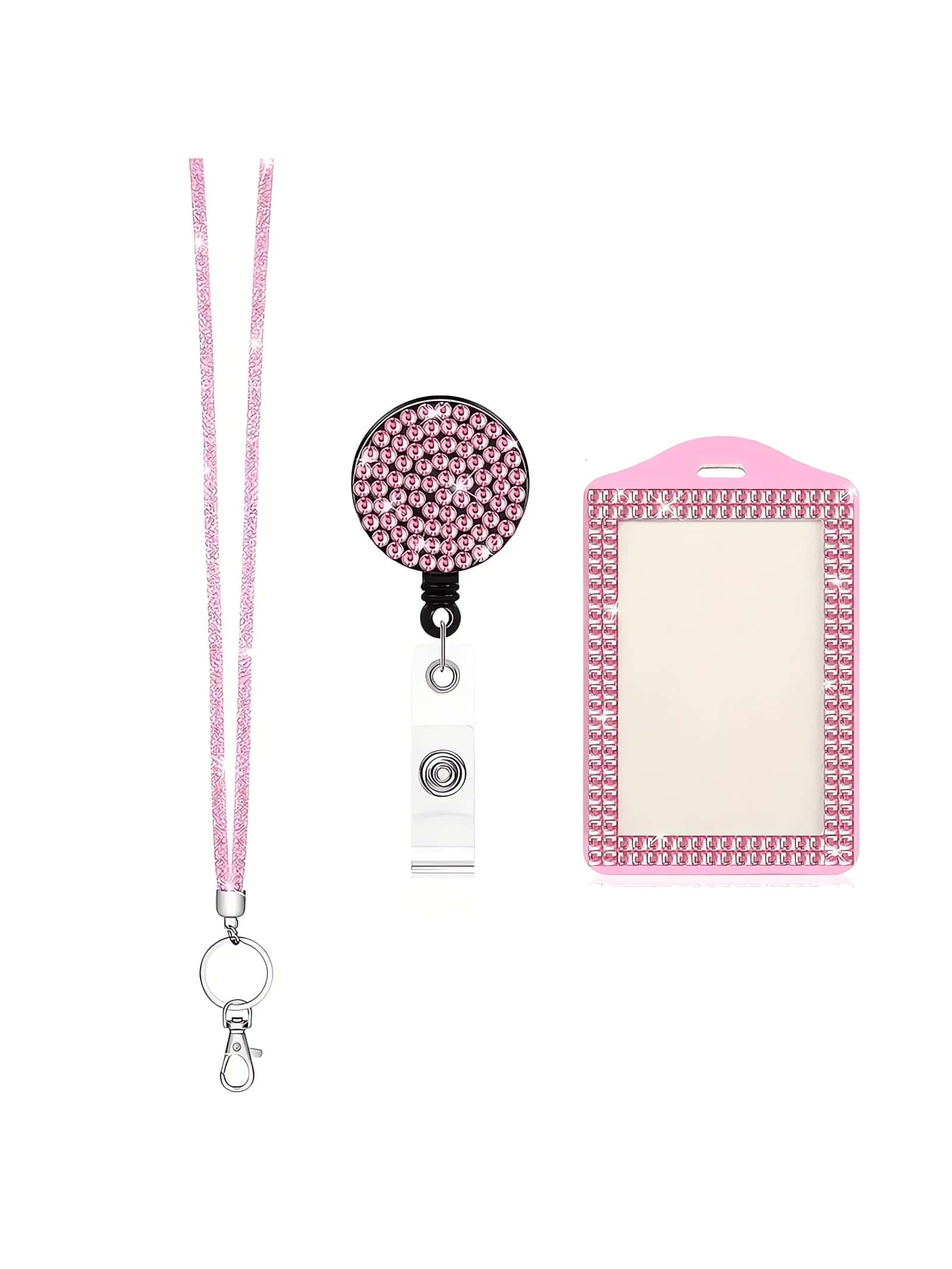 Diamante Sparkling Lanyard With ID Badge Clip, Retractable Crystal Rhinestone ID Card Holder, Women's Fashionable Key Ring, ID Card Sleeve For Students/Office Workers