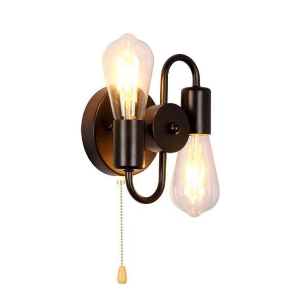 1pc Pull Chain Switch Wall Light, 2-Lights Industrial Metal Wall Lamp, Lighting Fixture For Bedroom, Bathroom, Kitchen, Porch, Black/Golden (Bulbs Not Included)