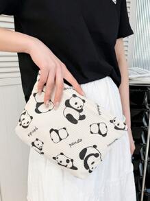 Beige Cute Panda Pattern Corduroy Makeup Bags Clutch Bag Cosmetic Bag Toiletry Bag Fabric Comfortable Large Capacity Portable Travel Storage Bag With Zipper Wash Bag Dormitory Essential Toiletry Bag For Makeup Tools Girl's Gift Holiday Essentials Back To School Essentials Makeup Organizer Make Up Organizer Makeup Storage Makeup Pouch Make Up Pouch