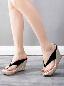9厘米厚底坡跟凉鞋，波西米亚风沙滩拖鞋，夏季厚底人字拖，女士休闲时尚凉鞋 - 黑色 - 查看 2