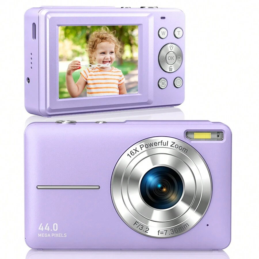Cámara Digital, Cámara Compacta Fhd 1080p Con 44mp, Zoom De 16x Y Tarjeta Sd De 32gb, Cordón Y Cámara De Bolsillo Para Principiantes (morada)
