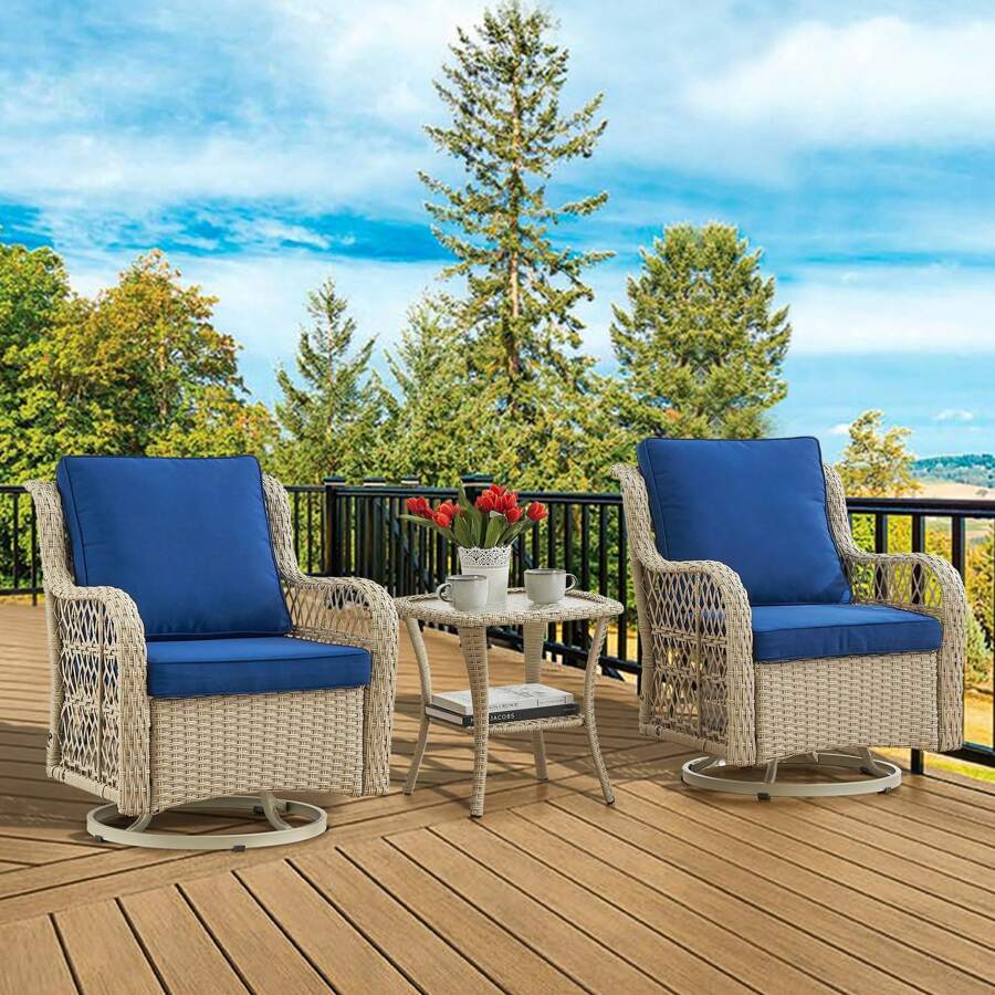 3 Pieces Outdoor Wicker Swivel Rocker Patio Set,Swivel Rocking Chairs Set Of 2 With Rattan Side