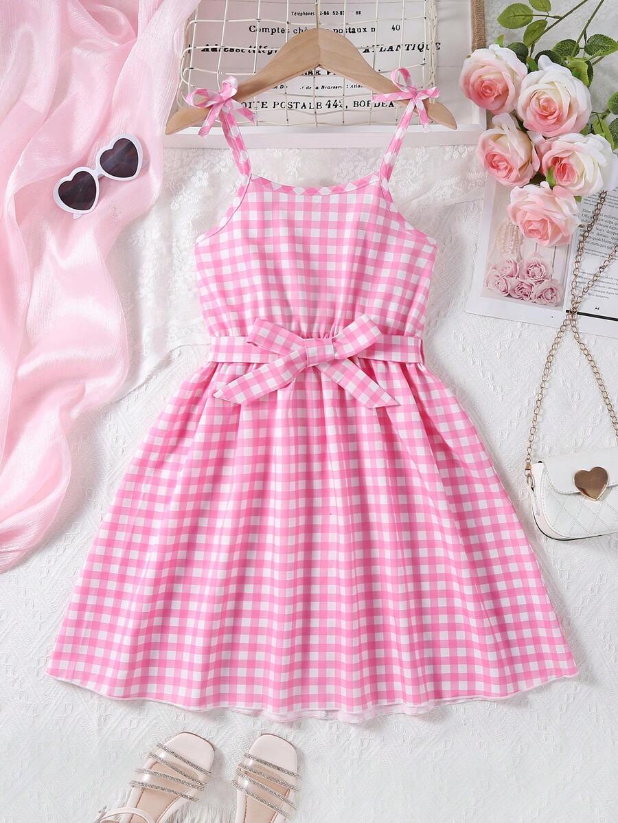 少女粉色格紋休閒舒適夏季背心連帶腰帶裙 - 粉色 - 查看 1