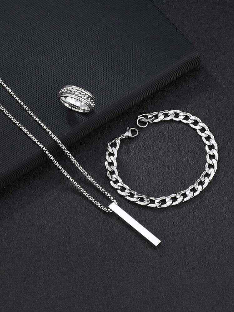 3pcs Stylish Stainless Steel Black Jewelry Set One Embossed Ring One Rectangular Necklace One Textured Bracelet Suitable For Men'S Daily Wear Use - Gold - View 4