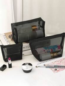 Mesh Cosmetic Bag, Makeup Bags, Zipper Pouch For Offices Travel Accessories, 3 Sizes (Black) Storage Makeup Organizer Makeup Case - Multicolor - View 8