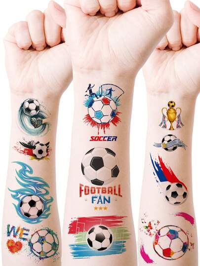 9张足球主题临时纹身贴纸 - 运动主题仿真纹身，包含足球、爱心和火焰图案，适合比赛日和派对 - 多种形状