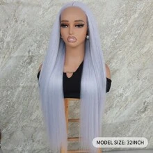 32 Inches Long Silky Straight Light Blue Color Synthetic Lace Front Wigs Pre Plucked Baby Hair Natural Hairline Synthetic 13x4x1 T Frontal Lace Replacement Wigs Glueless Heat Resistant Fiber For Fashion Women Girls Party Vacation Show Makeup Use Daily Wear - 淺藍色 - 查看 4