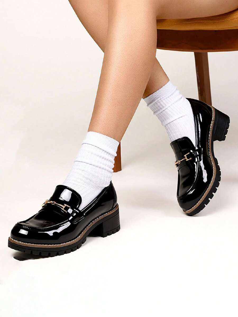 Women's Loafers Shoes Slip-On Chunky Platform Comfortable Dressy Business Casual Fashionable Flatform Loafers - ĐEN-PAT - Xem 1