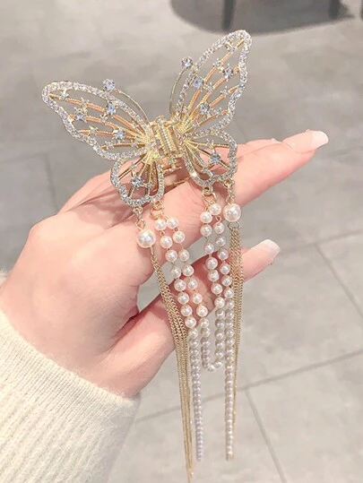 1个蝴蝶流苏发夹，镂空仿珍珠和水钻装饰，发爪，时尚发饰，女士发饰，秋季，旅行，美发工具，女士配饰，发饰，秋季，女士发饰，美发工具，发饰，发饰，美妆配饰，礼物，旅行，女士礼物，发饰，圣诞袜填充物，圣诞袜填充物，女士圣诞袜填充物，女士圣诞袜填充物，成人圣诞袜填充物，成人圣诞袜填充物，发饰，成人发饰，发饰，女士礼物创意，美妆圣诞袜填充物，女士礼物