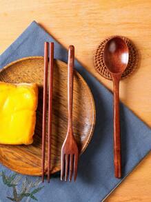 3 件木制餐具套装，9.2 英寸/23.5 厘米木制便捷餐具勺筷子叉子，优雅木制餐具套装，木制银器套装，厨房，圣诞礼物，学校用品 - 棕色 - 查看 4