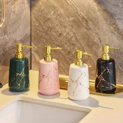 1 Pc 400ml Marble Textured Refillable Push-Touch Liquid Soap Dispenser Made Of Ceramic For Facial Cleanser, Hand Soap, Shower Gel, Shampoo, Restaurant Cleaner - Suitable For Hotel, Kitchen, Bathroom, Home Decor Accessories Kitchen Items Kitchen Accessories Kitchen Tools