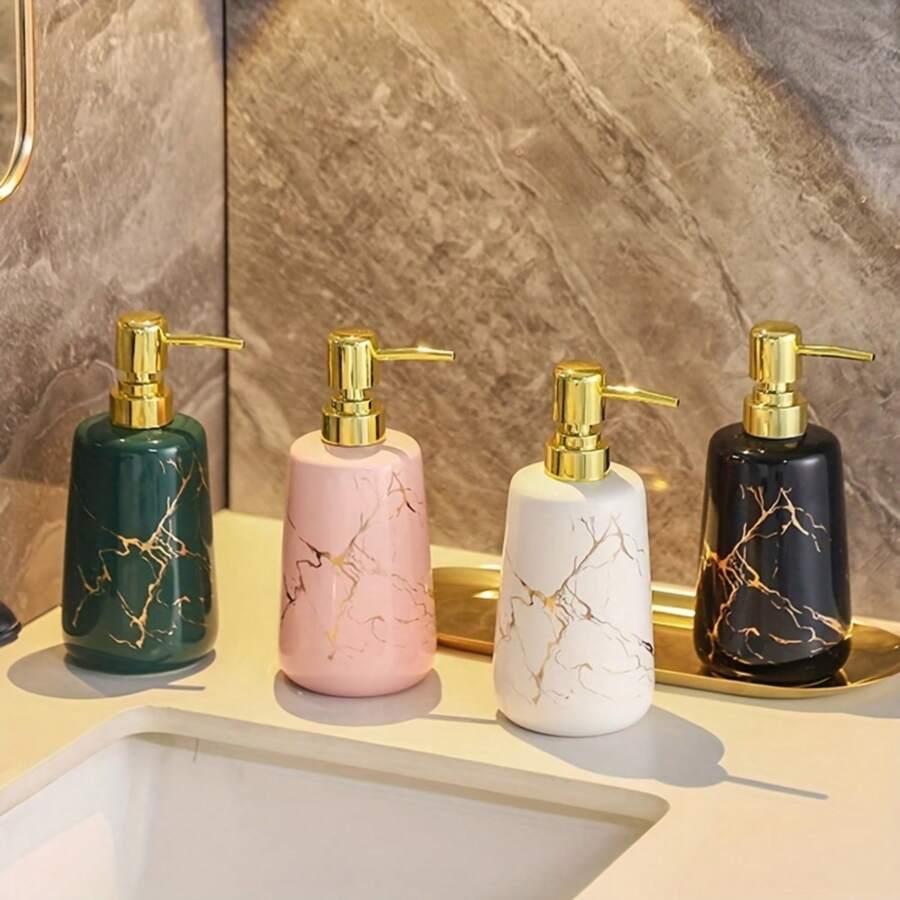1 Pc 400ml Marble Textured Refillable Push-Touch Liquid Soap Dispenser Made Of Ceramic For Facial Cleanser, Hand Soap, Shower Gel, Shampoo, Restaurant Cleaner - Suitable For Hotel, Kitchen, Bathroom, Home Decor Accessories Kitchen Items Kitchen Accessories Kitchen Tools - Multicolor - View 1