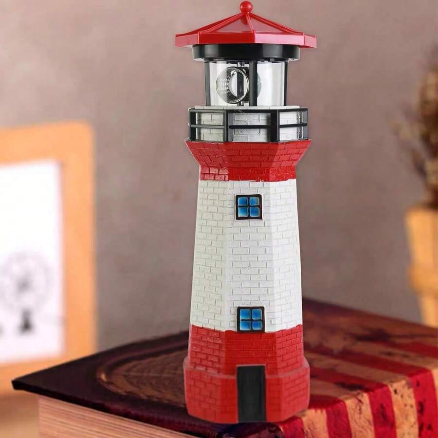1pc Lighthouse Solar Lights 360 Degree Rotating Lighthouse Beacon Led Solar Lighthouse Light Outdoor Waterproof Led Solar Powered Lighthouse Garden Decor For Outside Outdoor Lights Garden Lights - Red - View 1