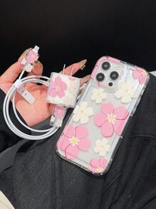 Funda de teléfono con tema de globos rosas con diseño de dos colores + Protector de cable cargador + Funda anticorrosión para cable