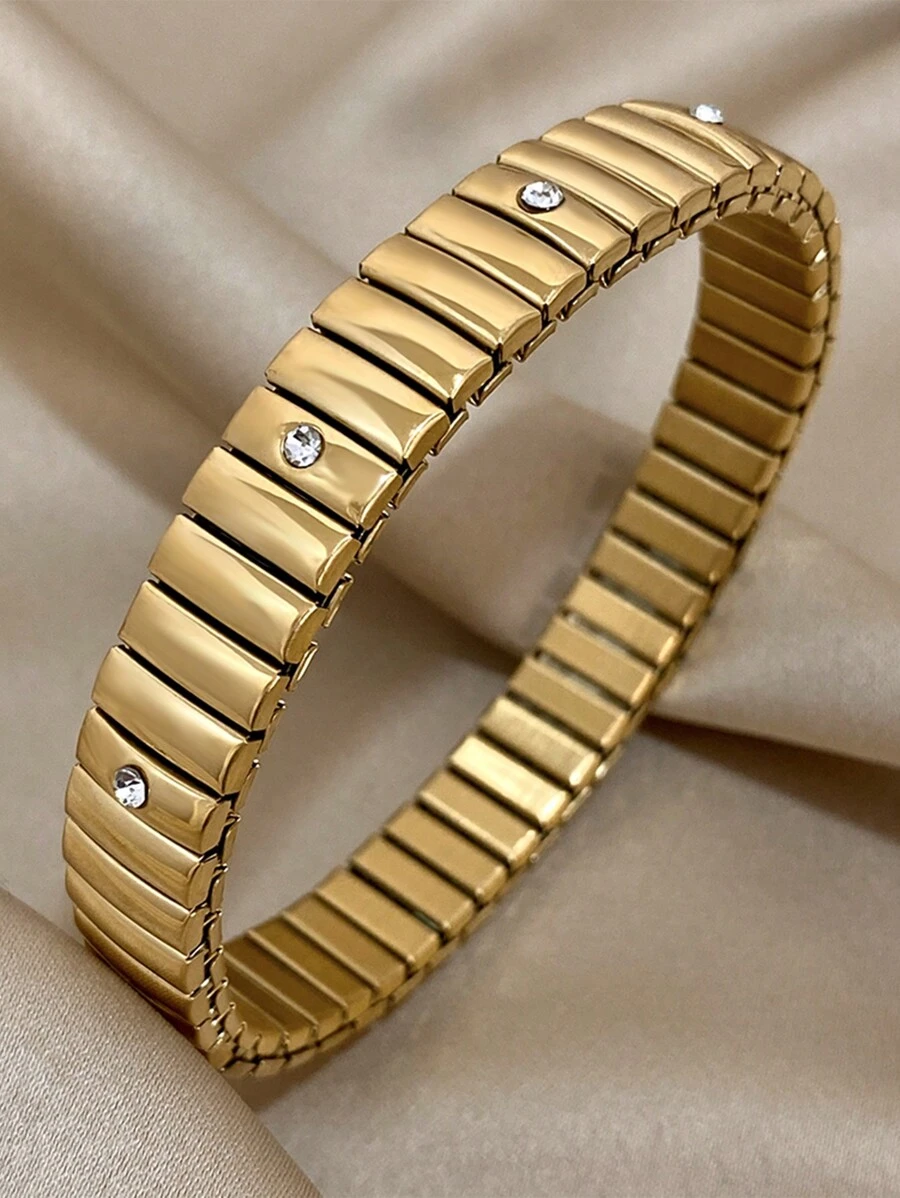 1 Pc Rhinestone Slim Stainless Steel Stretchy Bracelets For Women Teen Girls Gold Color Bangle Bracelets Summer Daily Party Jewelry Mother Day Gifts