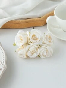 1件（6头）/3件（18头）仿真花花束MINI玫瑰花蕾字母DIY花环材料糖果盒配件家居婚庆装饰新娘手腕花胸花头花材料情人节新年装饰生日派对蛋糕配件 - 乳白色 - 查看 3