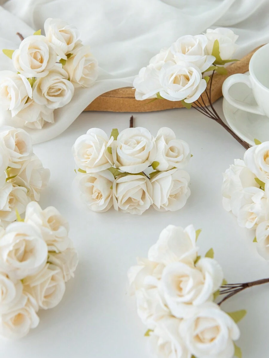 1件（6头）/3件（18头）仿真花花束MINI玫瑰花蕾字母DIY花环材料糖果盒配件家居婚庆装饰新娘手腕花胸花头花材料情人节新年装饰生日派对蛋糕配件 - 乳白色 - 查看 1