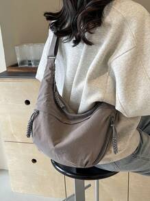 Fashionable Grey Nylon Waterproof Shoulder Bag, Casual Minimalist College Style, Wide Strap, Multiple Zippers, Suitable For Students, Commute, Shopping, Daily Use - Grey - View 2