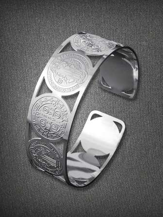 Sanbeni Engraved Cross Design Stainless Steel Open Cuff Bangle, Women's Fashionable & Versatile Titanium Steel Bracelet