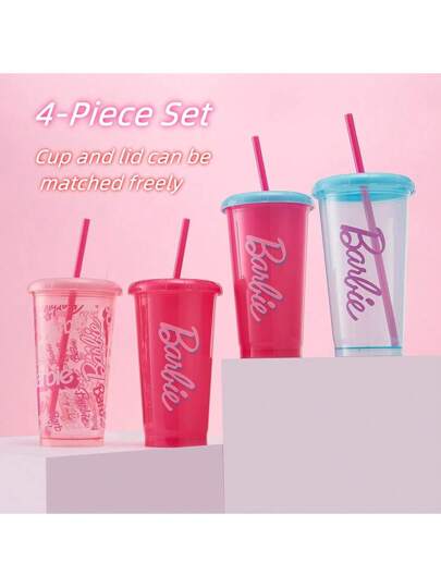 Miniso Barbie Daylight Shine Series Straw 520mL Plastic Cups 4pcs Set Cute Drink Water With A Lid SHEIN