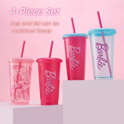 Miniso Barbie Pink Blue Red Plastic Tumbler 4pcs With Straw 520mL Fashionable Water Bottle Versatile Coffee Cup For Outdoor Travel Or School