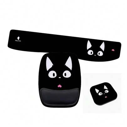 Kit Mouse Pad e Apoio de Teclado Ergonomico Gato Gatinho Preto Bonito