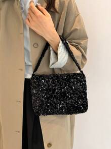 Lightweight, Business Casual Rhinestone Decor Bucket Bag Mini Drawstring Design, Clear Bag Faux Pearl Bag Evening Bag, Dinner Bag Glamorous, Elegant, Exquisite, Quiet Luxury Rhinestone For Party Girl, Woman, Bride Perfect For Party, Dinner/Banquet Christmas Party Dress, Perfectly Matching With New Years Outfit, Excellently Matching With Party Dresses For Women ,Wedding - Black - View 4