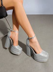 Women's High Chunky  Platform Glitter Pumps Closed Toe Block Heels Square Toe Ankle Strap Dress Christmas Wedding Party Prom Heels Shoes - Bạc/Lấp lánh - Xem 3