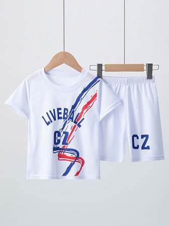 2 件儿童男童运动服：短袖网眼 T 恤上衣和宽松运动短裤，适合 4-12 岁儿童的夏季运动服