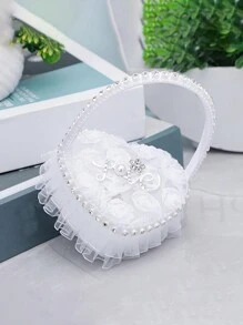 1 pieza Cojín de anillo para niña de las flores en boda con forma de corazón con encaje, caja de anillo con perlas y rhinestones en forma de corazón, cojín portador de anillo para niña de las flores, soporte para anillo de compromiso, caja de anillo con mariposa de encaje, caja de joyería, caja de almacenamiento de anillos de boda, soporte portador de anillo, cesta con mariposa para fiesta de boda, propuesta, declaración, cojín de anillo pequeño portátil, caja de anillo para el Día de San Valentín