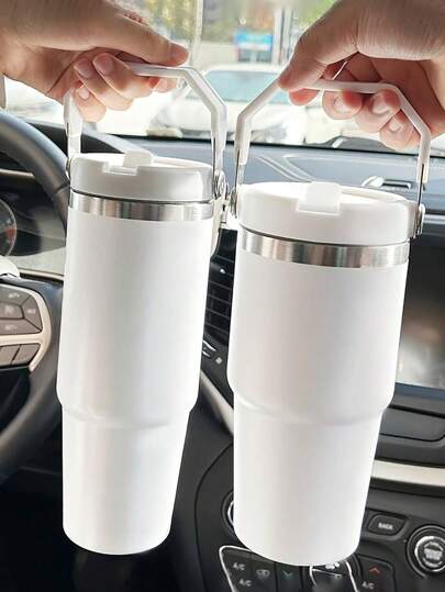 1/2pcs- Stainless Steel Water Cup With Flip Straw And Handle, Stainless Steel Leak-Proof Flat-Bottomed Cup, Double-Wall Insulated Water Bottle, Reusable Cup, And Portable Travel Cup Suitable For Placing On The Cup Holder.