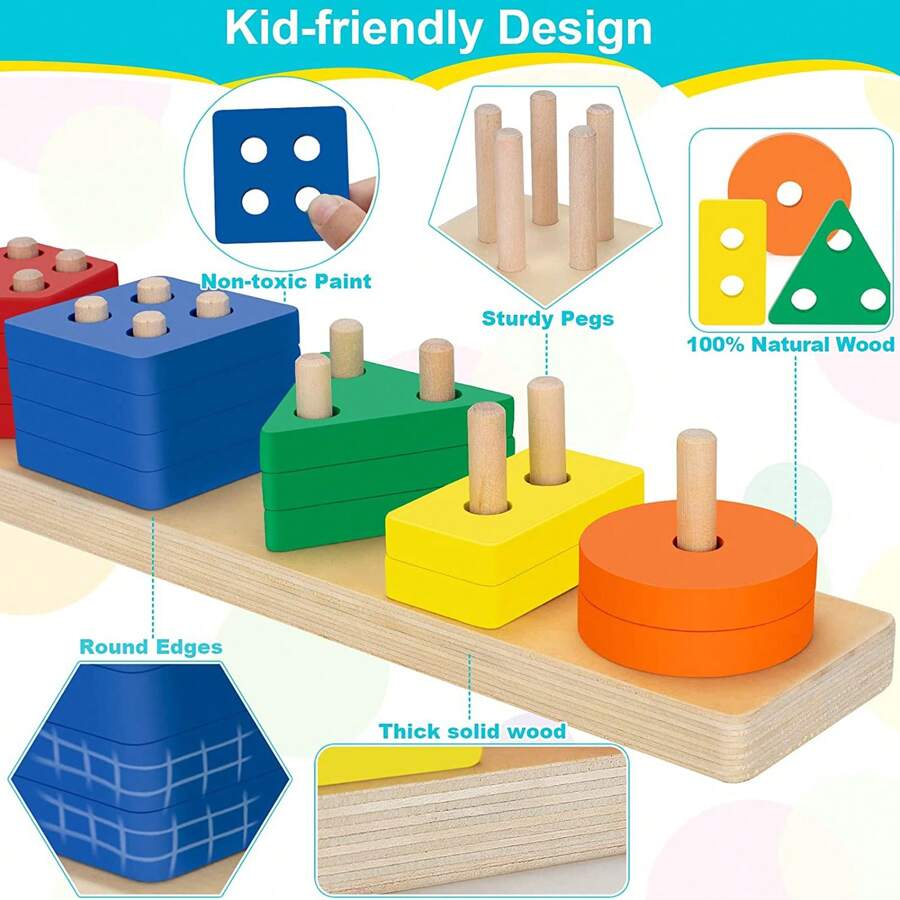 Colored Wooden Geometric Shaped Pillars Allow Children To Quickly